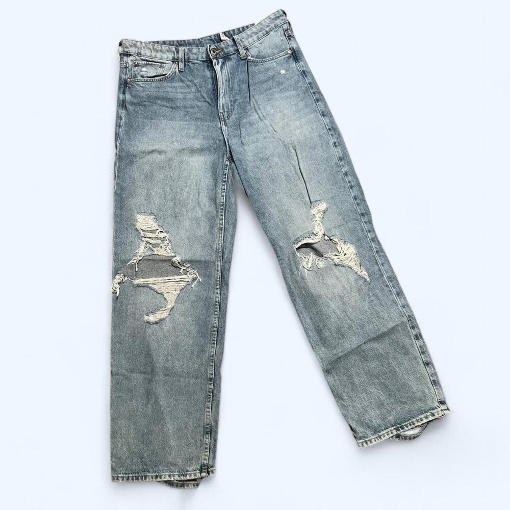 h&m light wash high waist loose straight leg ripped jeans